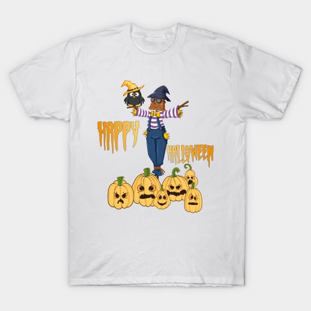 Enchanted Halloween Night: The Wise Wizard Owl, Spooky Elegant Scarecrow with Glasses and Scary Pumpkins - A Halloween Delight T-Shirt by KrasiStaleva